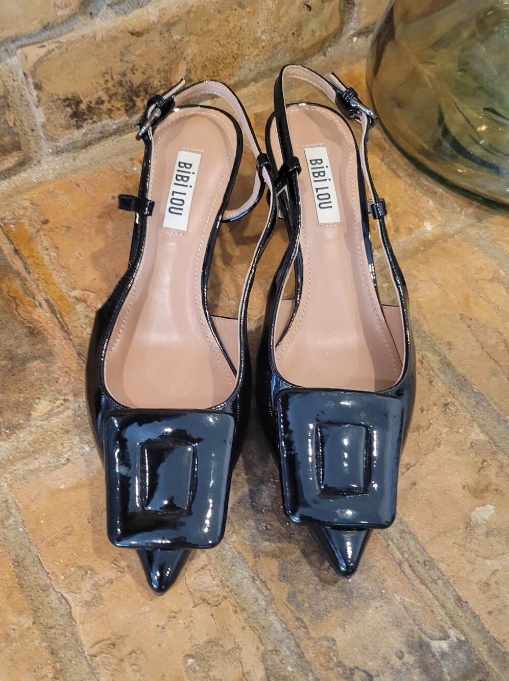 Bibi Lou Black Patent Slingback Pointed Toe Pumps with Square Accent